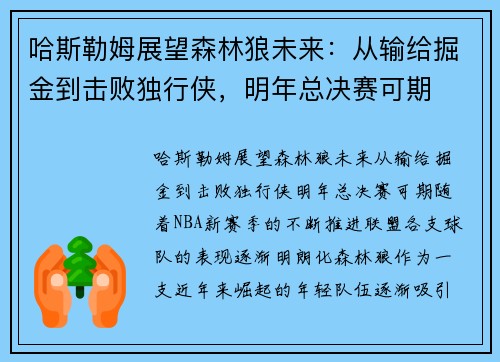 哈斯勒姆展望森林狼未来：从输给掘金到击败独行侠，明年总决赛可期