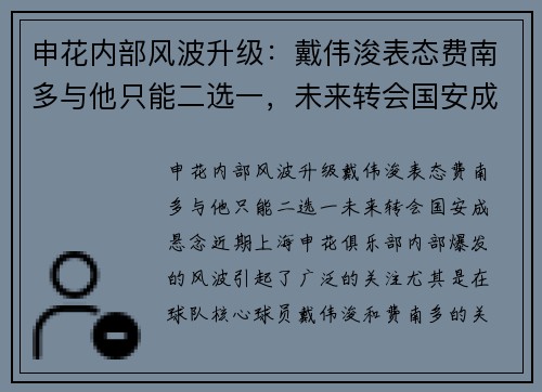 申花内部风波升级：戴伟浚表态费南多与他只能二选一，未来转会国安成悬念